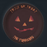Trick or treat Pumpkin  Halloween party your name Paper Plate<br><div class="desc">Cool Black and orange Jack O'lantern Halloween party paper plates.
Fun party supplies,  decorations and disposable accessories for costume party,  halloween,  scary,  fright,  frightening,  trick or treat,  night gathering,  bbq,  dinner,  birthday,  wedding.

Available in small and large. Change the quantity to get the cheapest bulk price.</div>