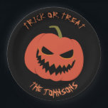 Trick or treat Pumpkin  Halloween party your name Paper Plate<br><div class="desc">Cool Black and orange Jack O'lantern Halloween party paper plates.
Fun party supplies,  decorations and disposable accessories for costume party,  halloween,  scary,  fright,  frightening,  trick or treat,  night gathering,  bbq,  dinner,  birthday,  wedding.

Available in small and large. Change the quantity to get the cheapest bulk price.</div>