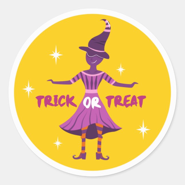 Trick or Treat Purple Witch Halloween Classic Round Sticker (Front)