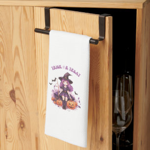 Trick or Treat Purple Witch Pumpkins & Bats Kitchen Towel