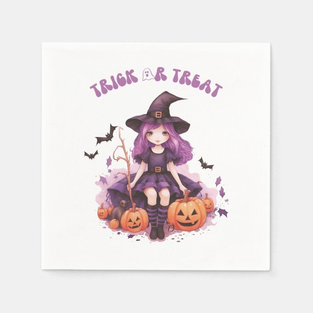 Trick or Treat Purple Witch Pumpkins & Bats Napkin (Front)