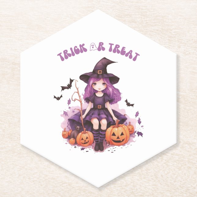 Trick or Treat Purple Witch Pumpkins & Bats Paper Coaster (Front)