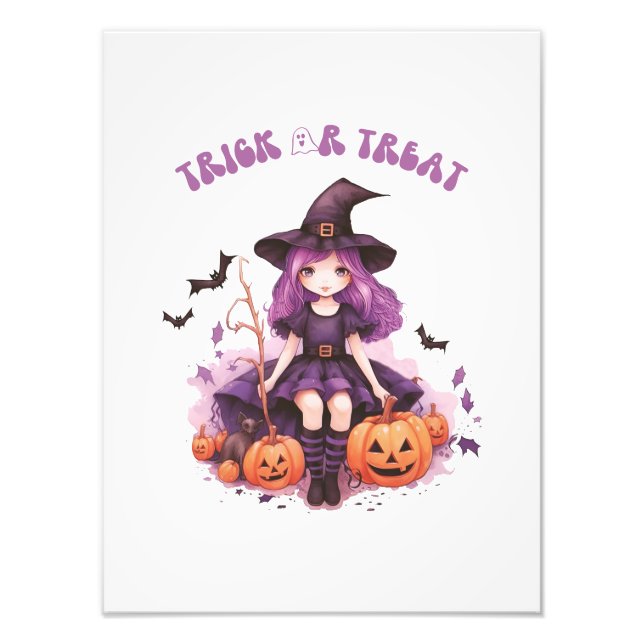 Trick or Treat Purple Witch Pumpkins & Bats Photo Print (Front)
