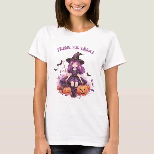 Trick or Treat Purple Witch Pumpkins & Bats T-Shirt (Front)