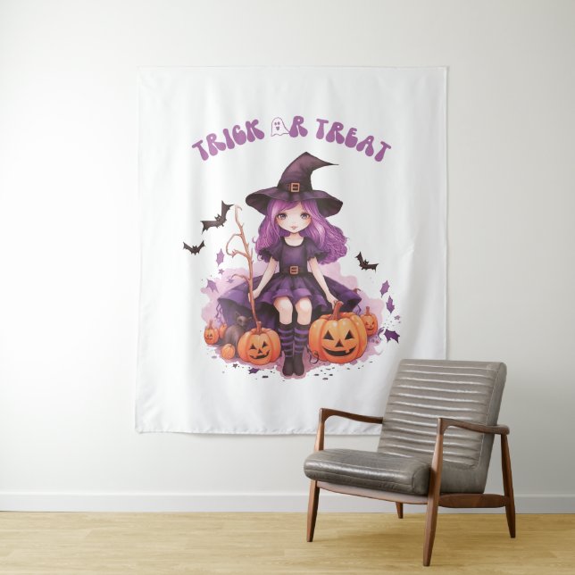 Trick or Treat Purple Witch Pumpkins & Bats Tapestry (In Situ)