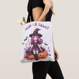 Trick or Treat Purple Witch Pumpkins & Bats Tote Bag