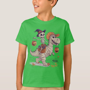 trick-or-treat skeleton riding mummified dinosaur T-Shirt