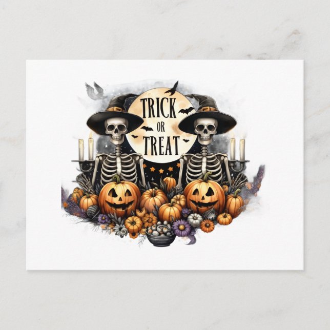 Trick or Treat Skeletons Halloween Postcard (Front)