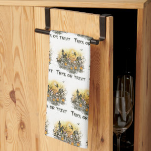 Trick or Treat Skeletons Witch White Halloween Kitchen Towel