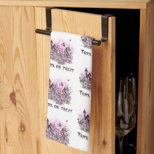 Trick or Treat Skeletons Witch White Halloween Kitchen Towel