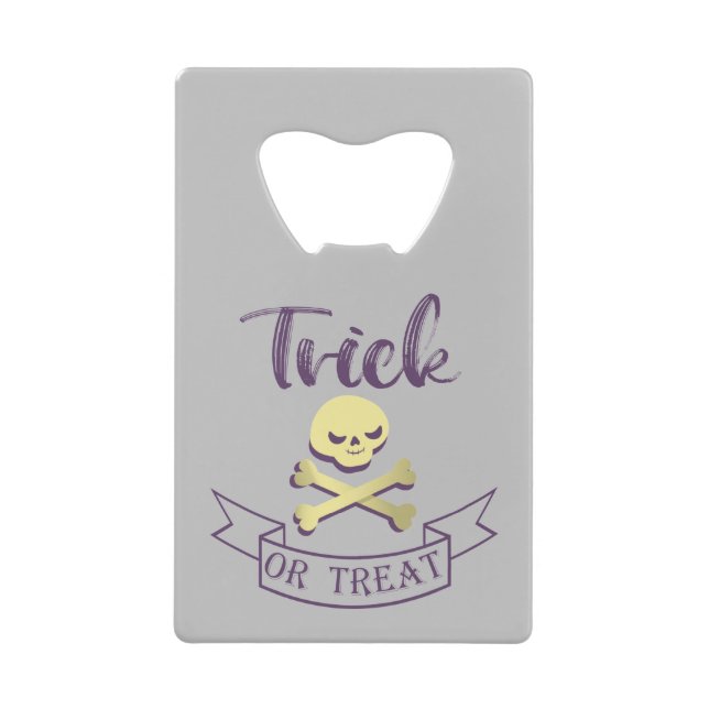 Trick or treat skull crossbones Halloween ribbon Credit Card Bottle Opener (Front)