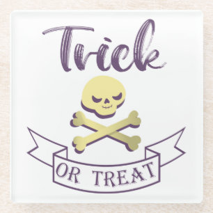 Trick or treat skull crossbones Halloween ribbon Glass Coaster