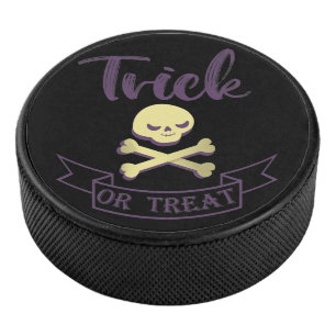 Trick or treat skull crossbones Halloween ribbon Hockey Puck