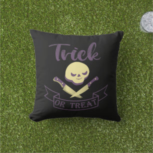 Trick or treat skull crossbones Halloween ribbon T Outdoor Pillow