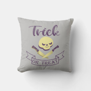 Trick or treat skull crossbones Halloween ribbon T Throw Pillow