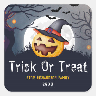 Trick Or Treat Spooky Jack O'Lantern Custom Name Square Sticker