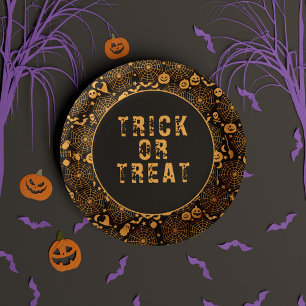 Trick or Treat Spooky Orange and Black Halloween Paper Plate