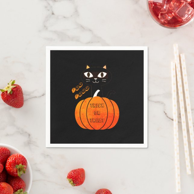 Trick or Treat Spooky Orange Black Cat Halloween Napkin (Insitu)