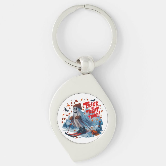 Trick or Treat Time: Ghost Skiing Fun Design  Keychain (Front)