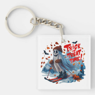 Trick or Treat Time: Ghost Skiing Fun Design  Keychain