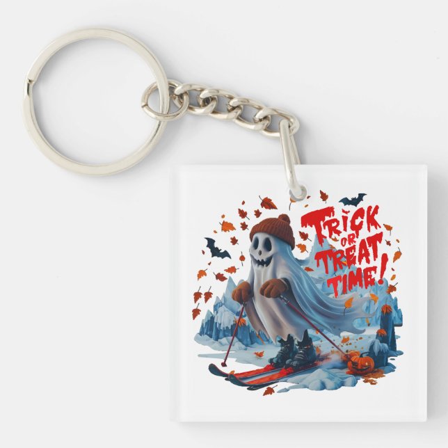 Trick or Treat Time: Ghost Skiing Fun Design  Keychain (Front)