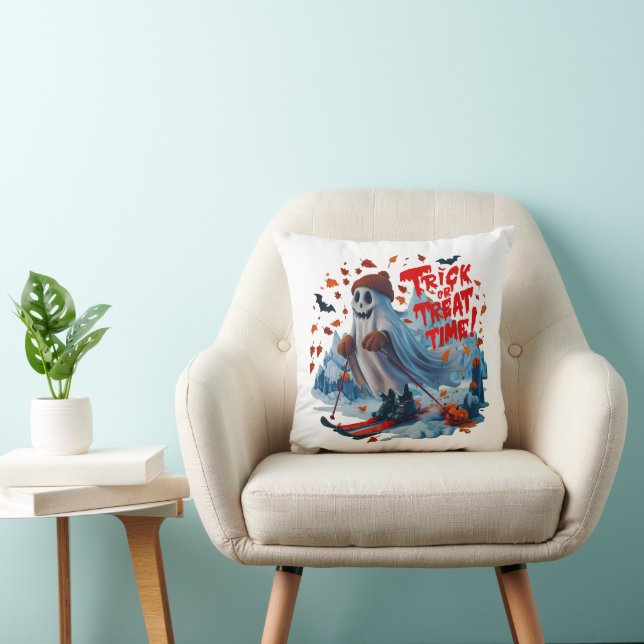 Trick or Treat Time: Ghost Skiing Fun Design  Throw Pillow (Chair)