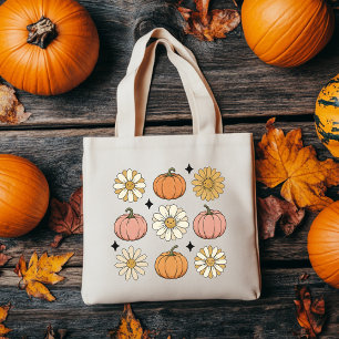 Trick or Treat Tote Bag Retro Pumpkin Flower Bag