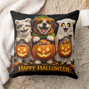 Trick or treat trio whimsical happy Halloween deco Throw Pillow