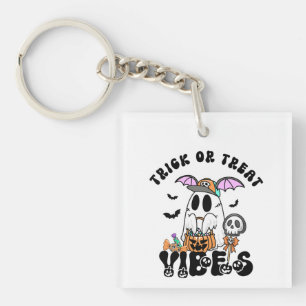 Trick or Treat Vibes Retro Cute Ghost Pumpkin Keychain