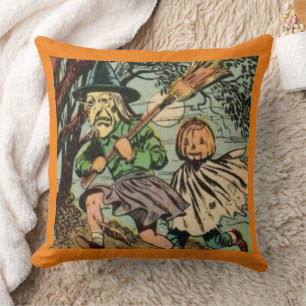 TRICK OR TREAT VINTAGE HALLOWEEN NEWSPAPER PRINT THROW PILLOW
