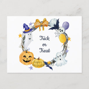Trick or Treat Watercolor Pumpkin & Ghosts Wreath Postcard
