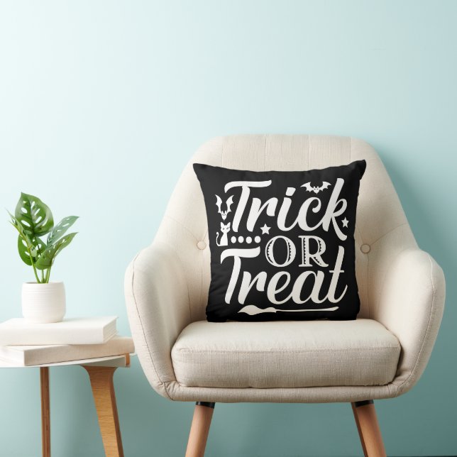 Trick Or Treat White Modern Typography Halloween Throw Pillow (Chair)