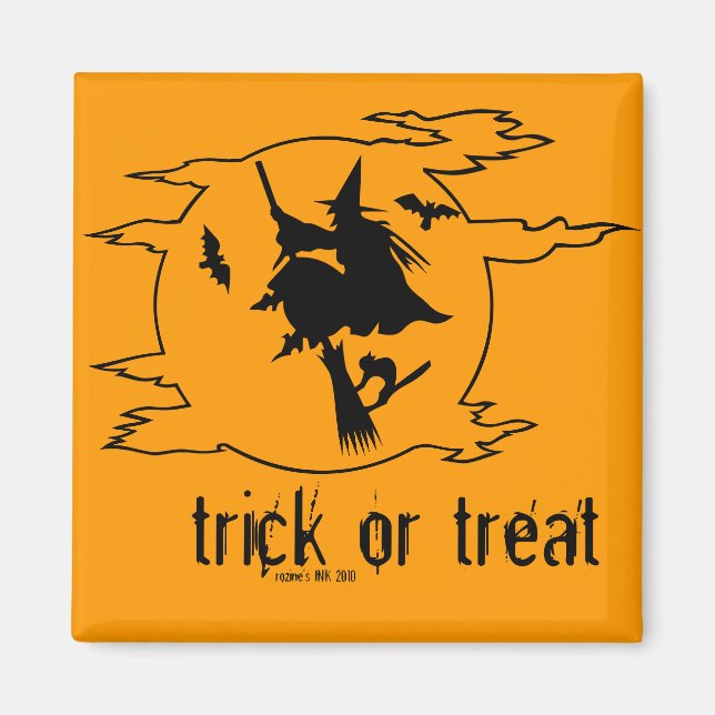 Trick or Treat Witch on Broom w/ Bats + Black Cat Magnet (Front)