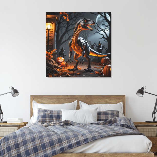 Trick Or Treat With A Velociraptor Canvas Print (Insitu(Bedroom))
