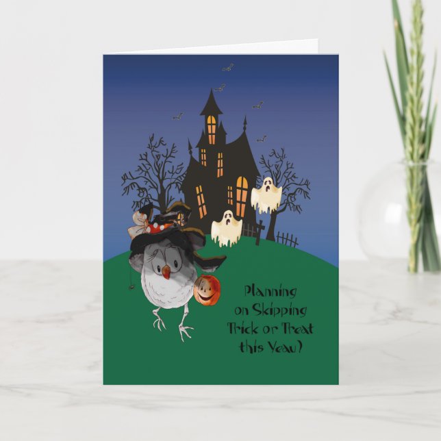Trick or Treat with Scared Bird & Haunted House Card (Front)