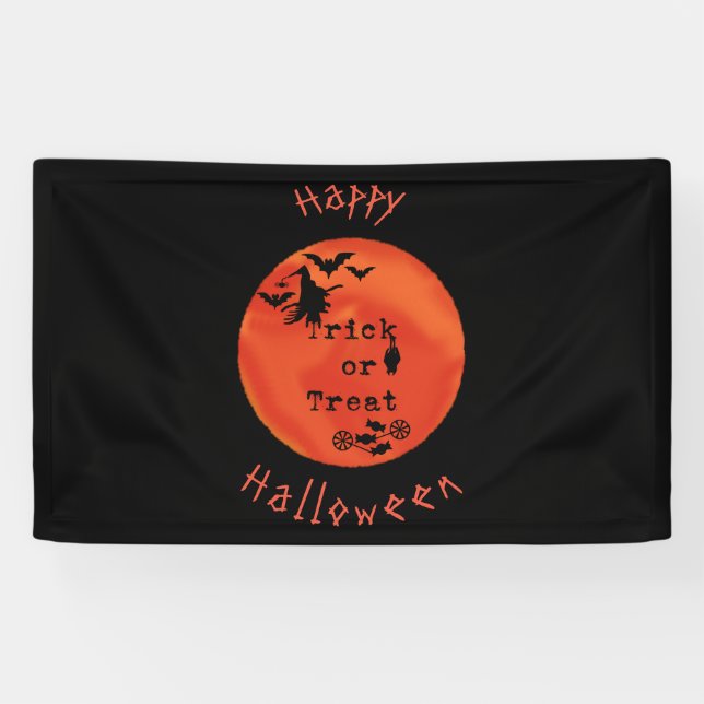 Trick or Treat with Witch & Bats on Orange Moon Banner (Horizontal)