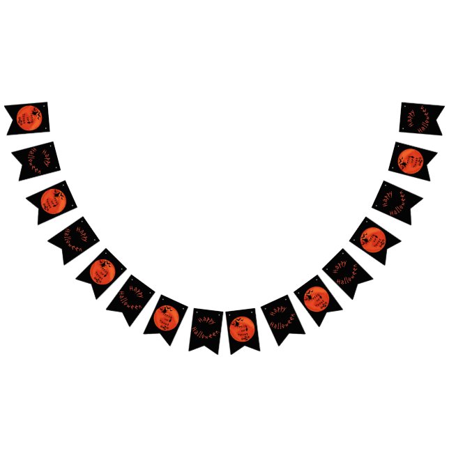 Trick or Treat with Witch & Bats on Orange Moon Bunting Flags (All)