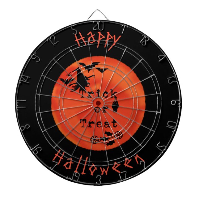 Trick or Treat with Witch & Bats on Orange Moon Dartboard (Front)