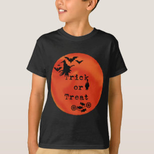 Trick or Treat with Witch & Bats on Orange Moon T-Shirt