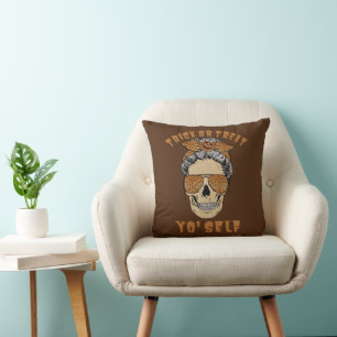 TRICK OR TREAT YO' SELF funny halloween mom skull  Throw Pillow