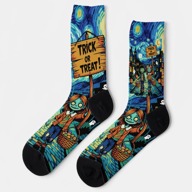 Trick or Treat Zombies – Van Gogh Starry Halloween Socks (Left)