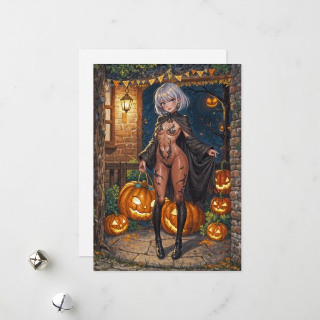 Trick or Treater, Brave Halloween Costume Girl Holiday Card (Front/Back In Situ)