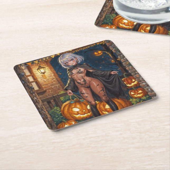 Trick or Treater, Brave Halloween Costume Girl Square Paper Coaster (Angled)
