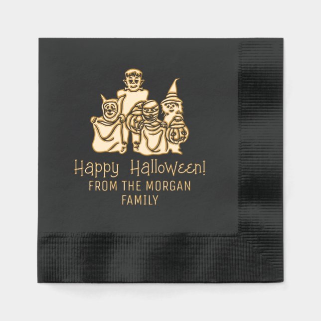 Trick or Treaters Silhouette Happy Halloween Foil Napkins (Front)