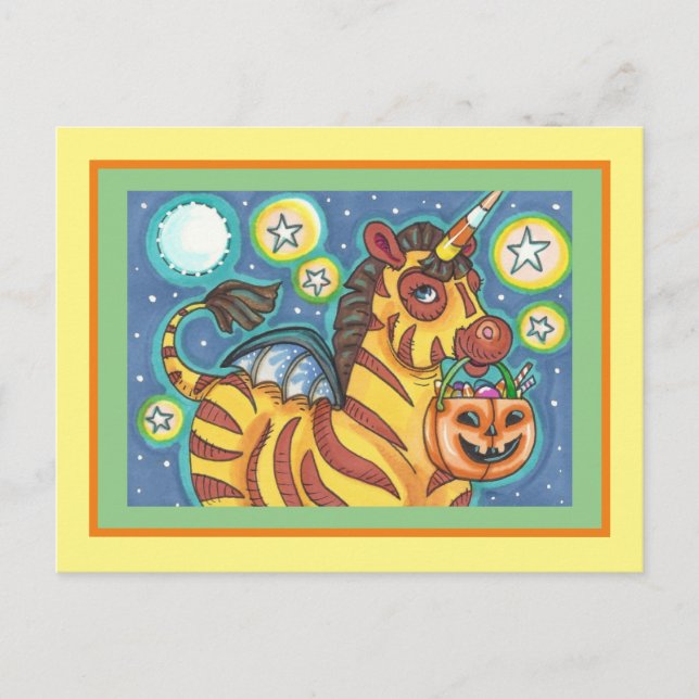 TRICK OR TREATING BAT WING ZEBRA, HALLOWEEN CANDY POSTCARD (Front)