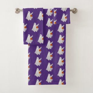 Trick Or Treating Ghost With Pumpkin Candy Bucket Bath Towel Set