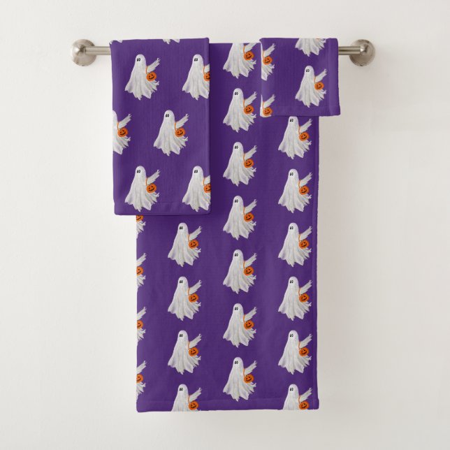 Trick Or Treating Ghost With Pumpkin Candy Bucket Bath Towel Set (Insitu)