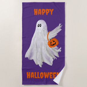 Trick Or Treating Ghost With Pumpkin Candy Bucket Beach Towel
