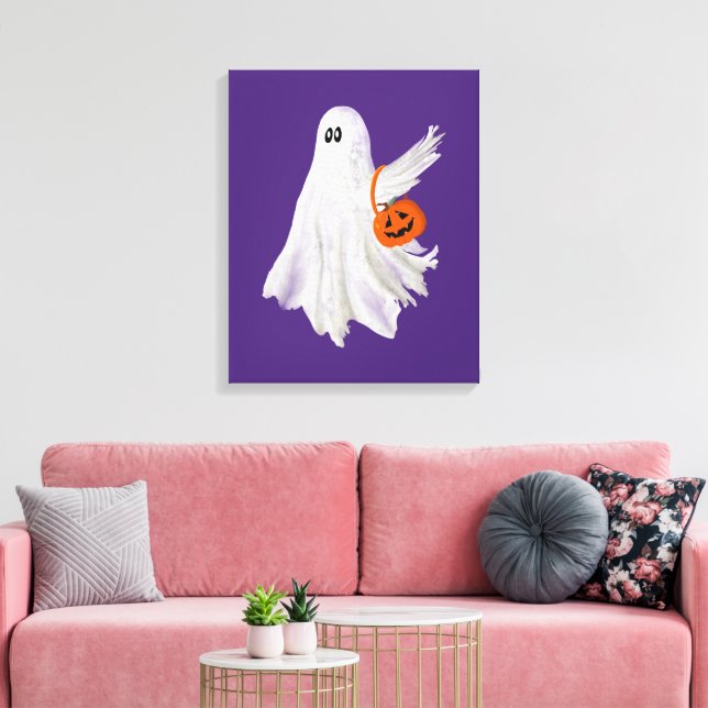 Trick Or Treating Ghost With Pumpkin Candy Bucket  Canvas Print (Insitu(LivingRoom))