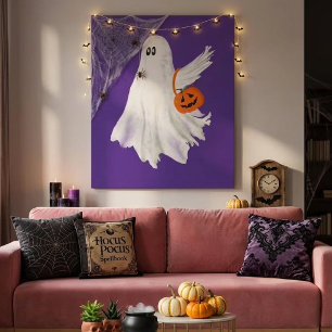 Trick Or Treating Ghost With Pumpkin Candy Bucket  Canvas Print